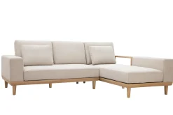 Miliboo Ecksofa rechts 5-Sitzer mit Stauraum beiger Stoff mit strukturiertem Samteffekt und helles Holz KOMAO* Ecksofas