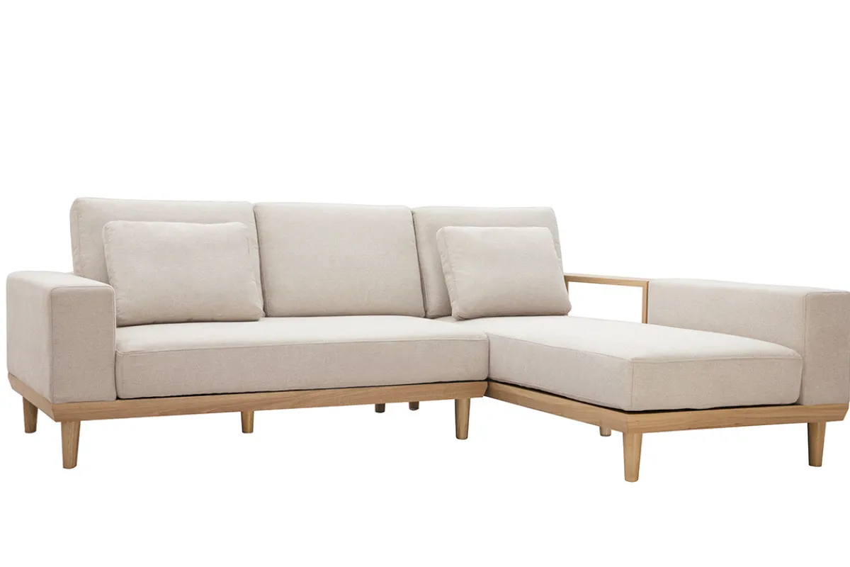 Miliboo Ecksofa rechts 5-Sitzer mit Stauraum beiger Stoff mit strukturiertem Samteffekt und helles Holz KOMAO* Ecksofas