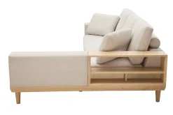 Miliboo Ecksofa rechts 5-Sitzer mit Stauraum beiger Stoff mit strukturiertem Samteffekt und helles Holz KOMAO* Ecksofas