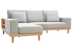 Miliboo Ecksofa 5-Sitzer mit Stauraum hellgrauer Stoff mit strukturiertem Samteffekt und helles Holz KOMAO.* Ecksofas