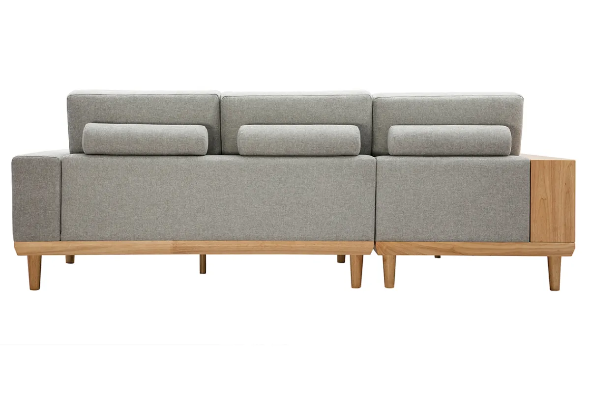 Miliboo Ecksofa 5-Sitzer mit Stauraum hellgrauer Stoff mit strukturiertem Samteffekt und helles Holz KOMAO.* Ecksofas
