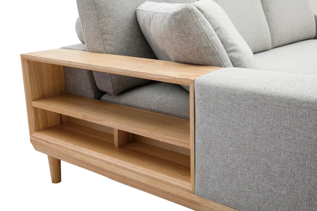 Miliboo Ecksofa 5-Sitzer mit Stauraum hellgrauer Stoff mit strukturiertem Samteffekt und helles Holz KOMAO.* Ecksofas