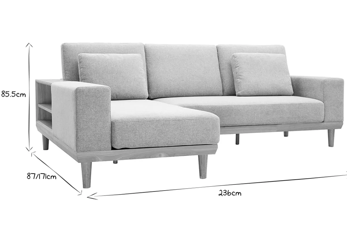 Miliboo Ecksofa 5-Sitzer mit Stauraum hellgrauer Stoff mit strukturiertem Samteffekt und helles Holz KOMAO.* Ecksofas