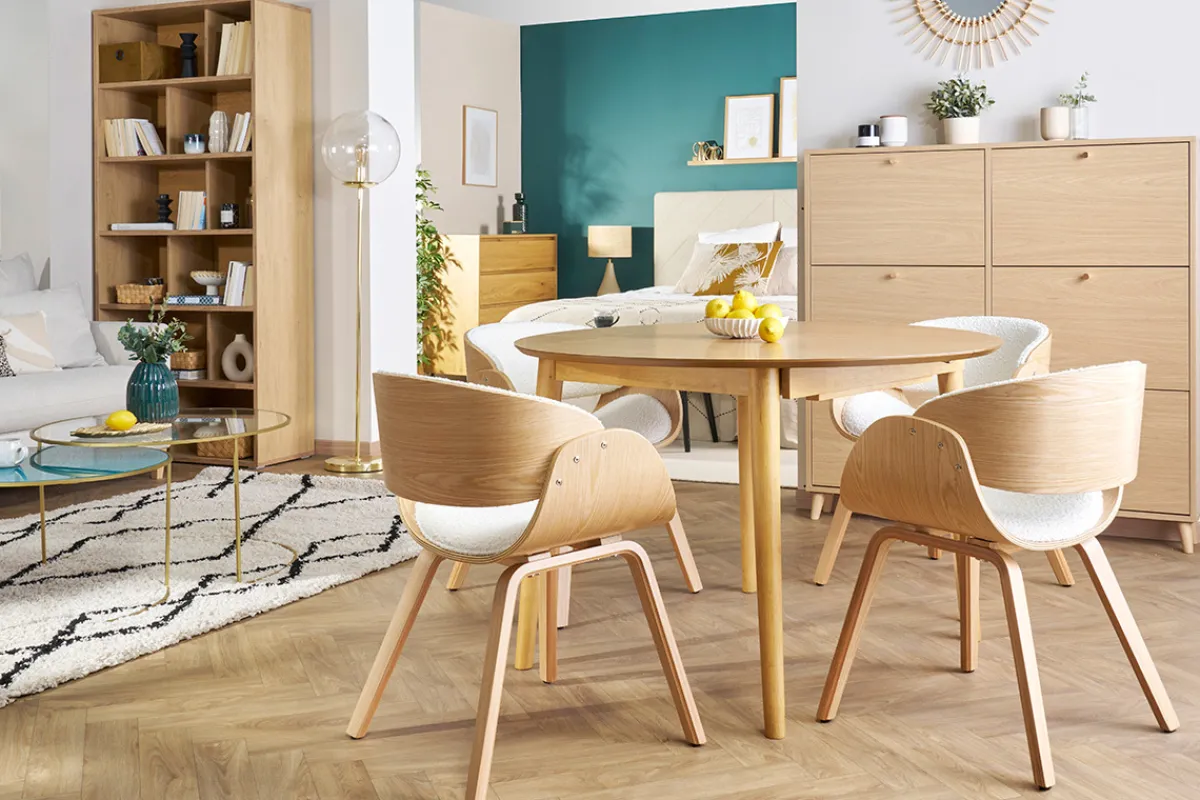 Miliboo Erweiterbarer Tisch mit integrierten Verlängerungen rund aus hellem Holz mit Eichenfurnier B115-154 cm EGO* Ausziehtische
