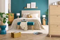 Miliboo Gepolsterte Bank aus petrolblauem Stoff mit Samteffekt und hellem Holz B95 cm GUESTA* Bänke|Flurmöbel