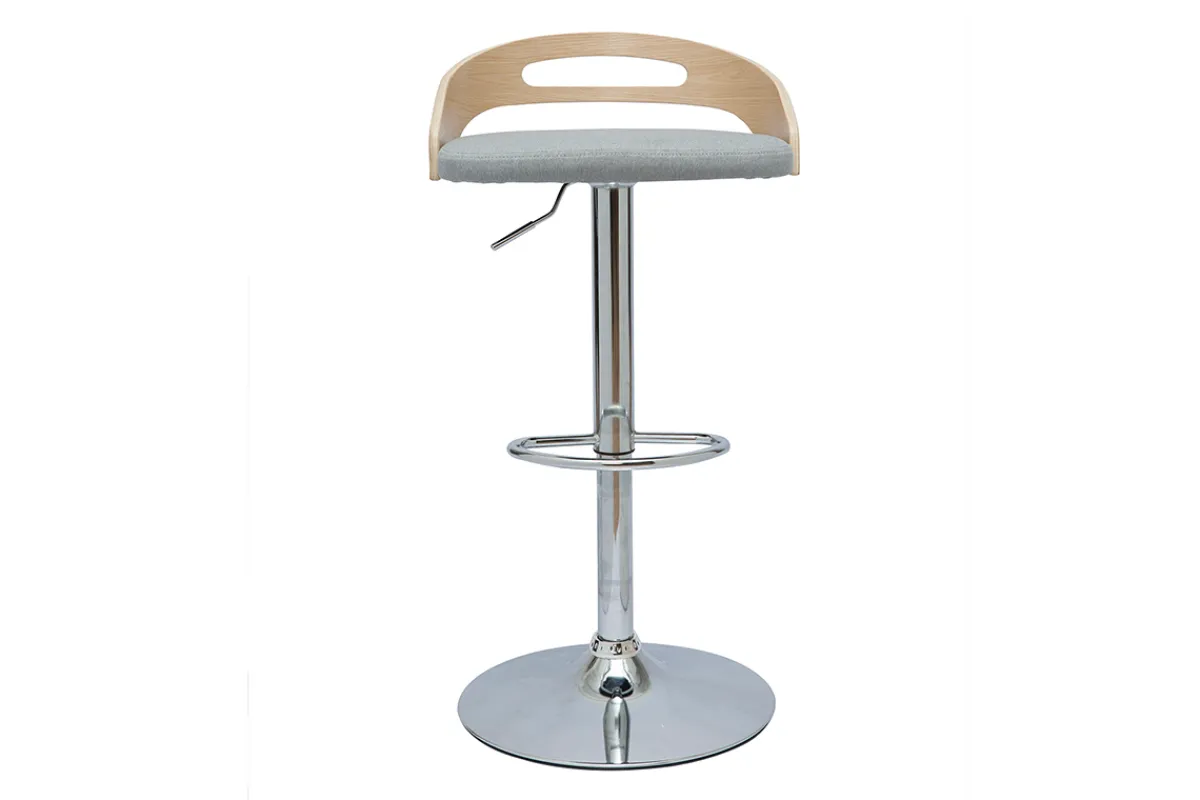 Miliboo Höhenverstellbarer Barhocker helles Holz mit hellgrauem Stoff MANO* Barhocker