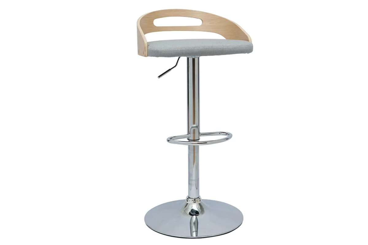 Miliboo Höhenverstellbarer Barhocker helles Holz mit hellgrauem Stoff MANO* Barhocker