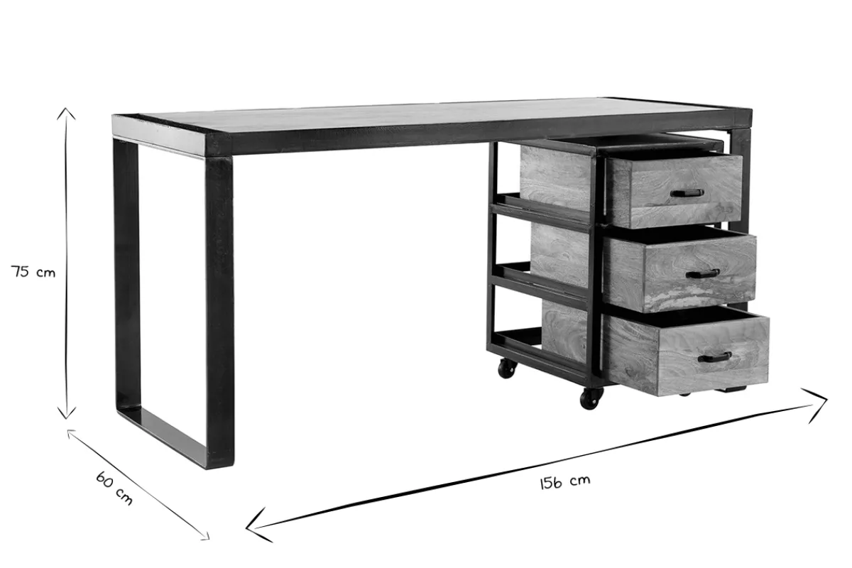 Miliboo Industrial-Schreibtisch mit beweglichen Schubladenelementen aus massivem Mangoholz L156 cm INDUSTRIA* Design-schreibtische