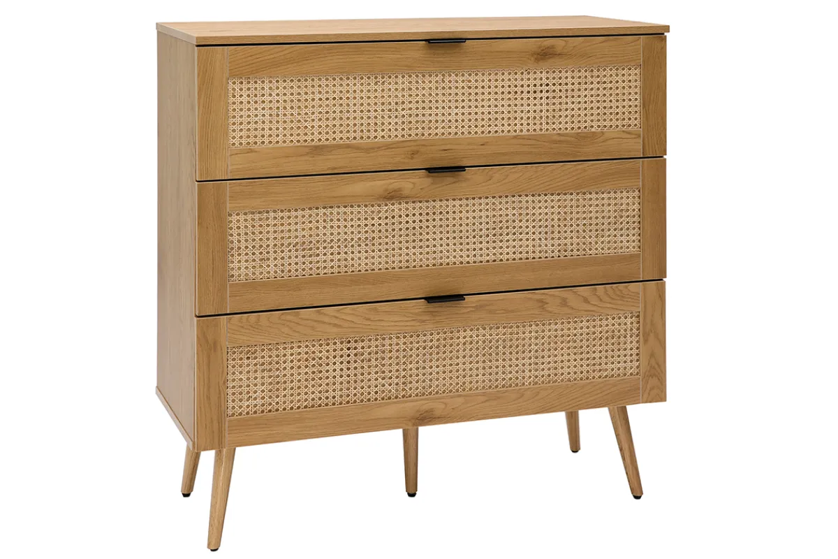 Miliboo Kommode aus hellem Holz, Rattangeflecht und schwarzem Metall 3 Schubladen L100 cm MANILLE* Kommoden|Kommoden