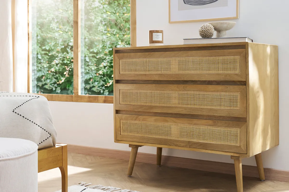 Miliboo Kommode aus massivem Mangoholz und Rattan-Rohrgeflecht 3 Schubladen B90 cm ACANGE* Kommoden|Kommoden
