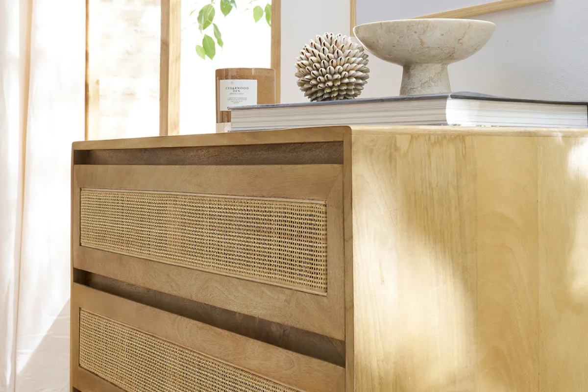 Miliboo Kommode aus massivem Mangoholz und Rattan-Rohrgeflecht 3 Schubladen B90 cm ACANGE* Kommoden|Kommoden