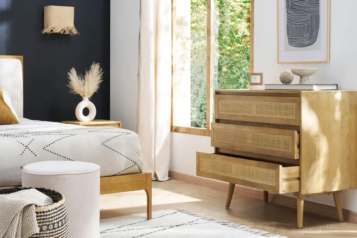 Miliboo Kommode aus massivem Mangoholz und Rattan-Rohrgeflecht 3 Schubladen B90 cm ACANGE* Kommoden|Kommoden