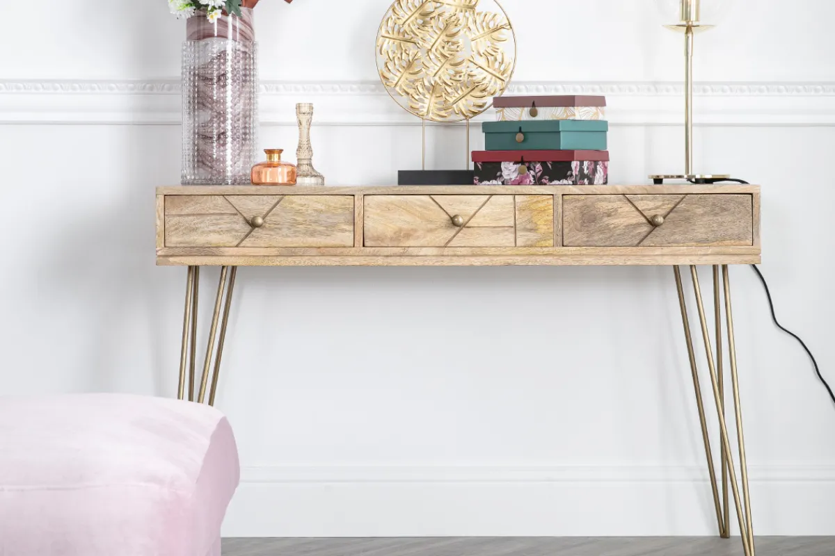 Miliboo Konsole graviert aus Mangoholz und vergoldetem Metall L120 cm LINIUM* Konsolentische|Flurmöbel