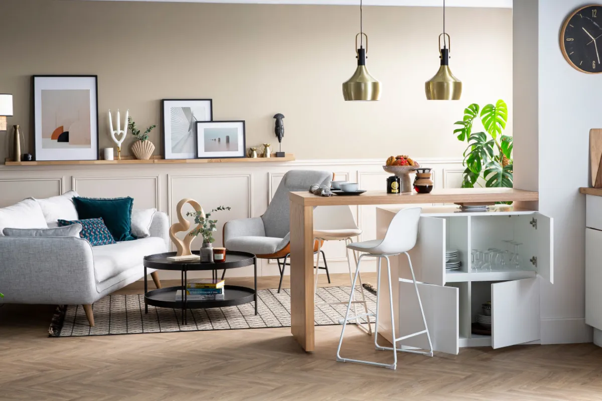 Miliboo Modularer Stehtisch mit Stauraum in Mattweiß und Eiche H91 cm MAX* Bartische/ Bar