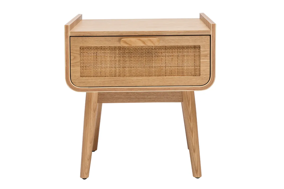 Miliboo Nachttisch mit Schublade aus hellem Massivholz und Rattangeflecht B50 cm ATHÈNE* Nachttische