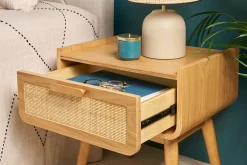 Miliboo Nachttisch mit Schublade aus hellem Massivholz und Rattangeflecht B50 cm ATHÈNE* Nachttische