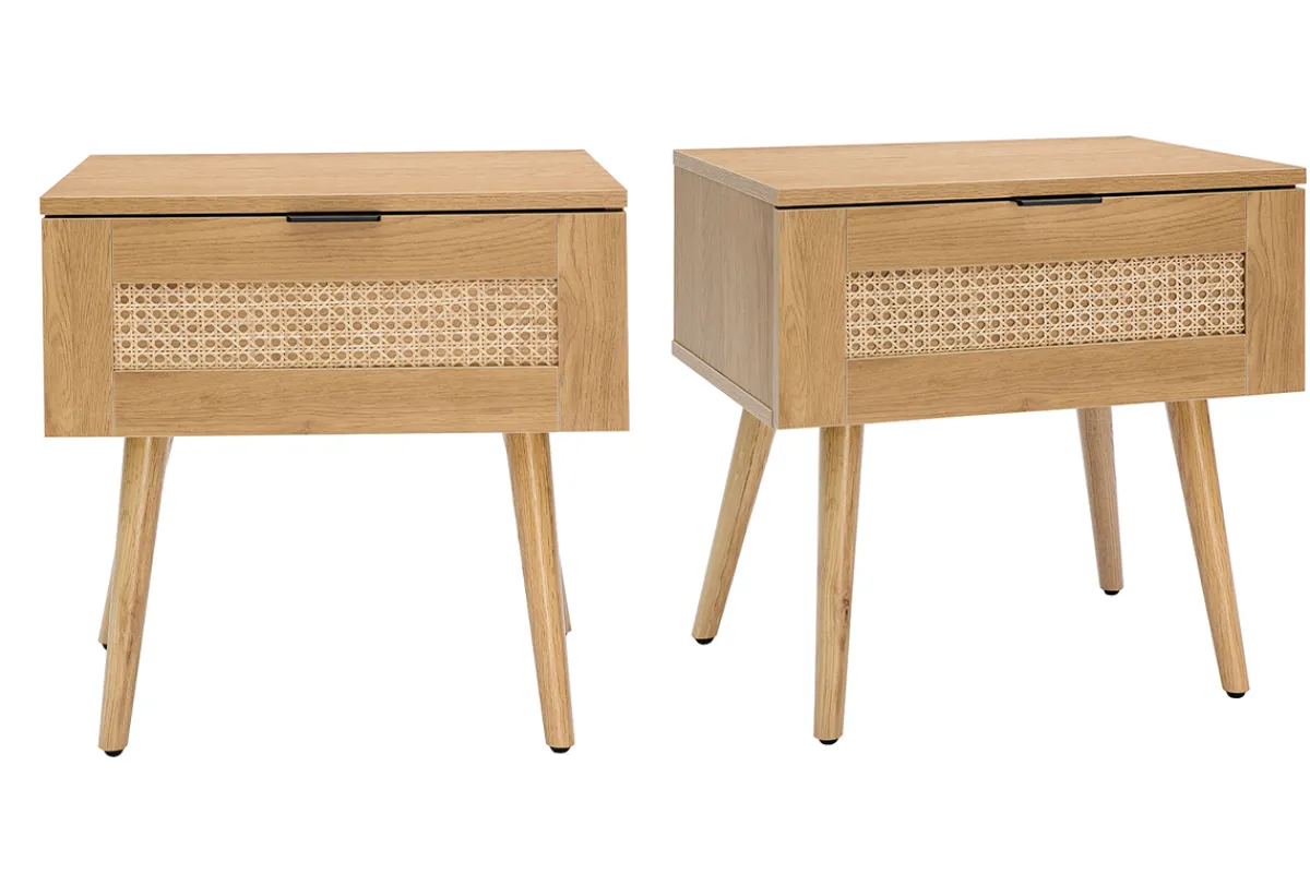 Miliboo Nachttische mit hellem Holzfinish, Rattangeflecht und schwarzem Metall L50cm (2er-Set) MANILLE* Nachttische