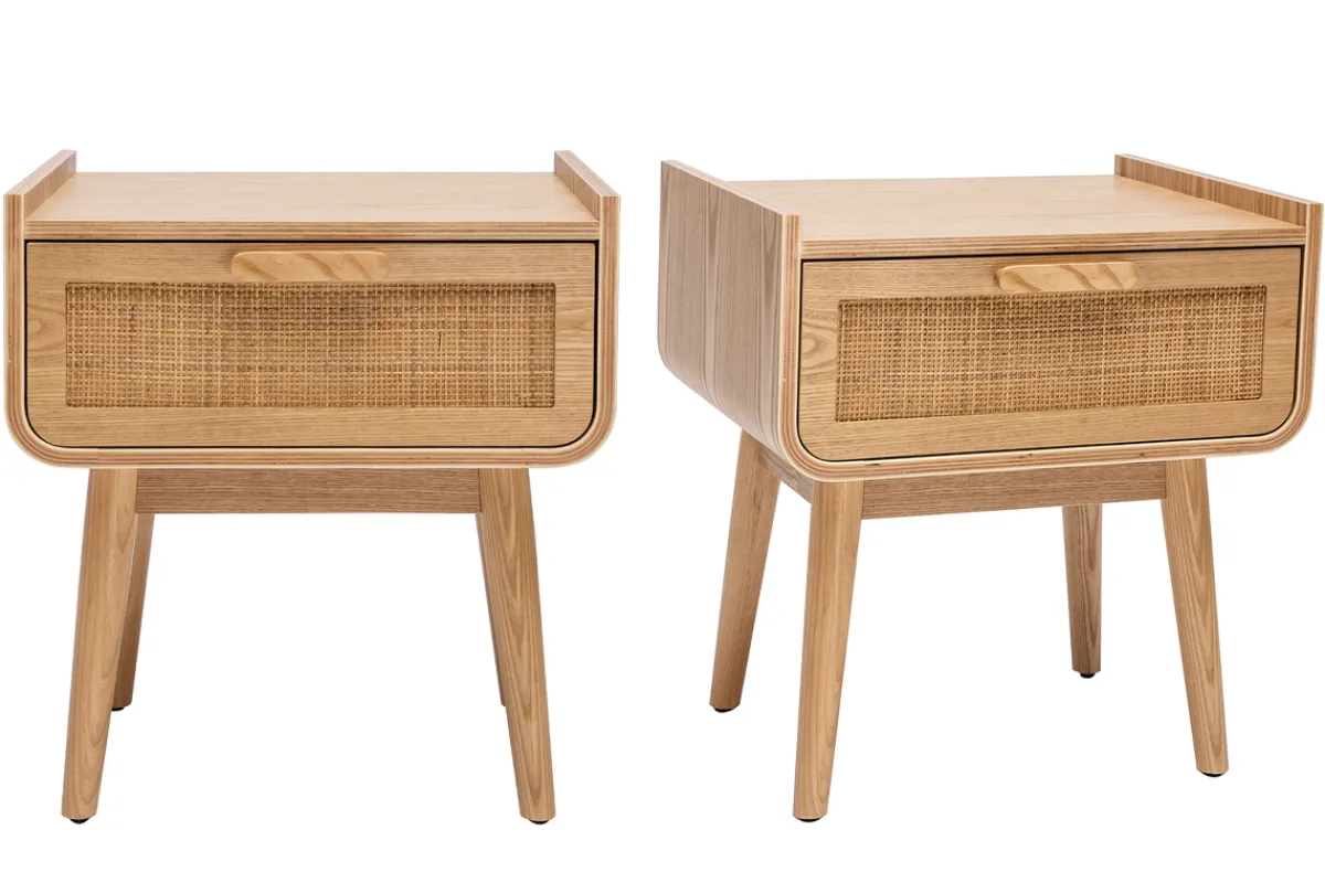 Miliboo Nachttische mit Schublade aus hellem Massivholz und Rattangeflecht B50 cm (2er-Set) ATHÈNE* Nachttische
