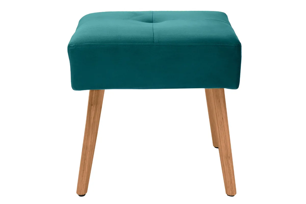 Miliboo Niedriger Hocker aus petrolblauem Veloursstoff und hellem, massivem Holz H46 cm GUESTA* Barhocker