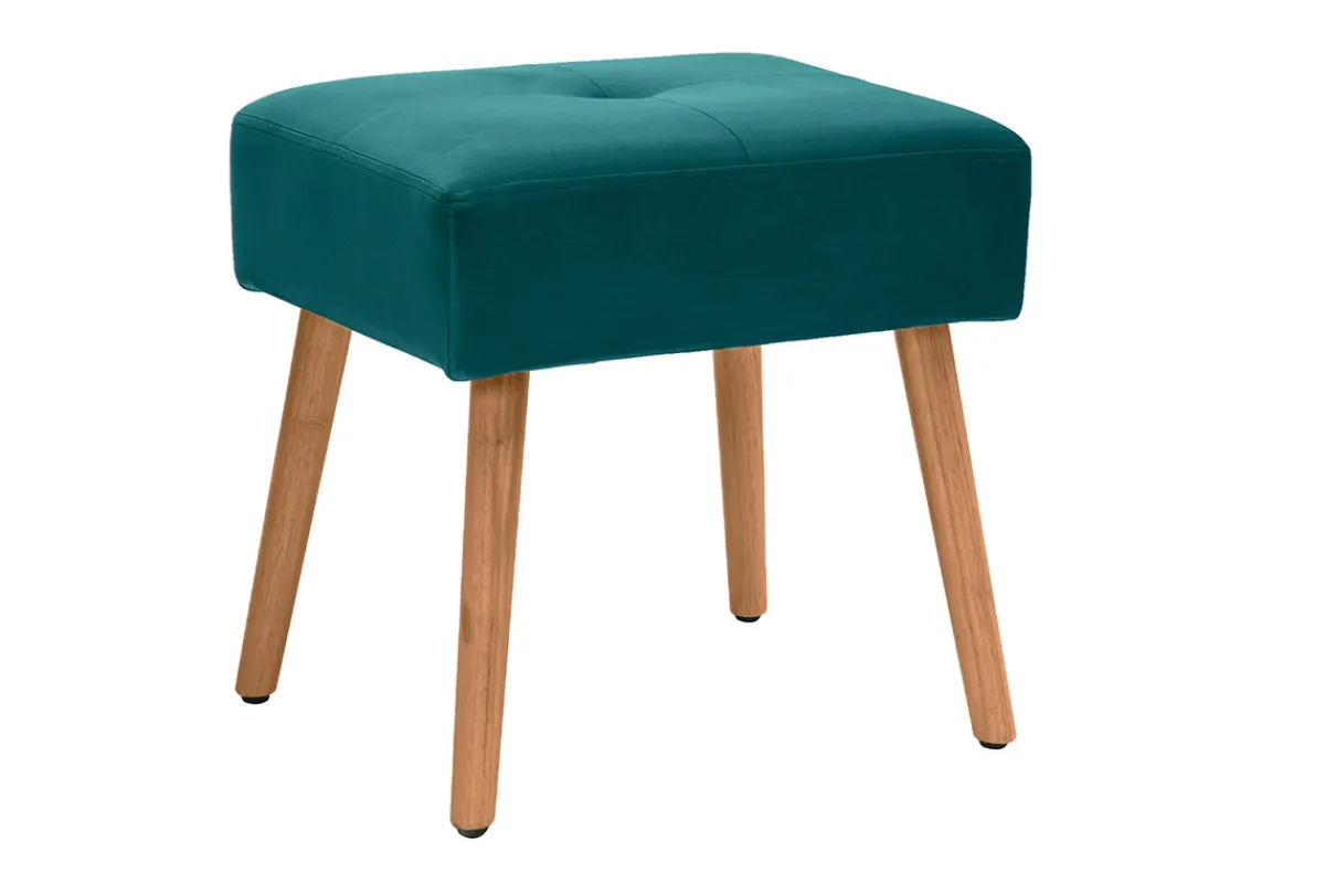Miliboo Niedriger Hocker aus petrolblauem Veloursstoff und hellem, massivem Holz H46 cm GUESTA* Barhocker