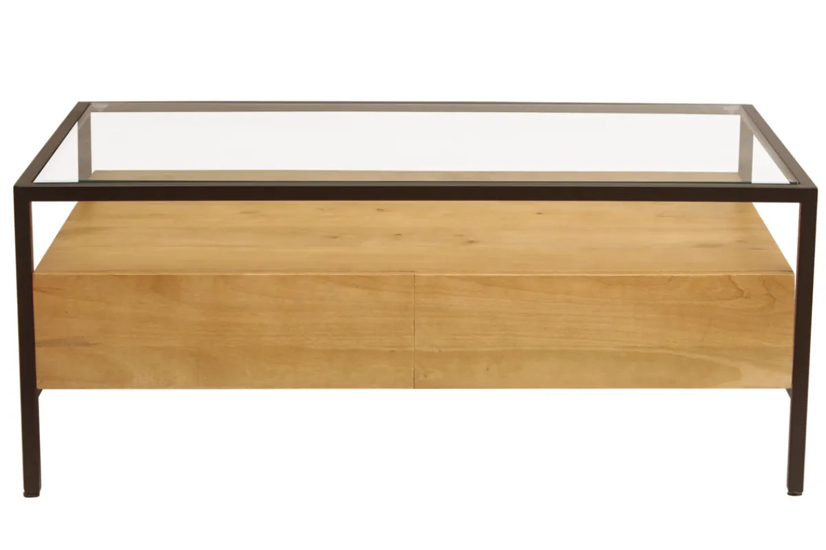 Miliboo Rechteckiger Couchtisch mit Stauraum aus massivem Mangoholz, Glas und schwarzem Metall B100 cm SITA* Couchtische