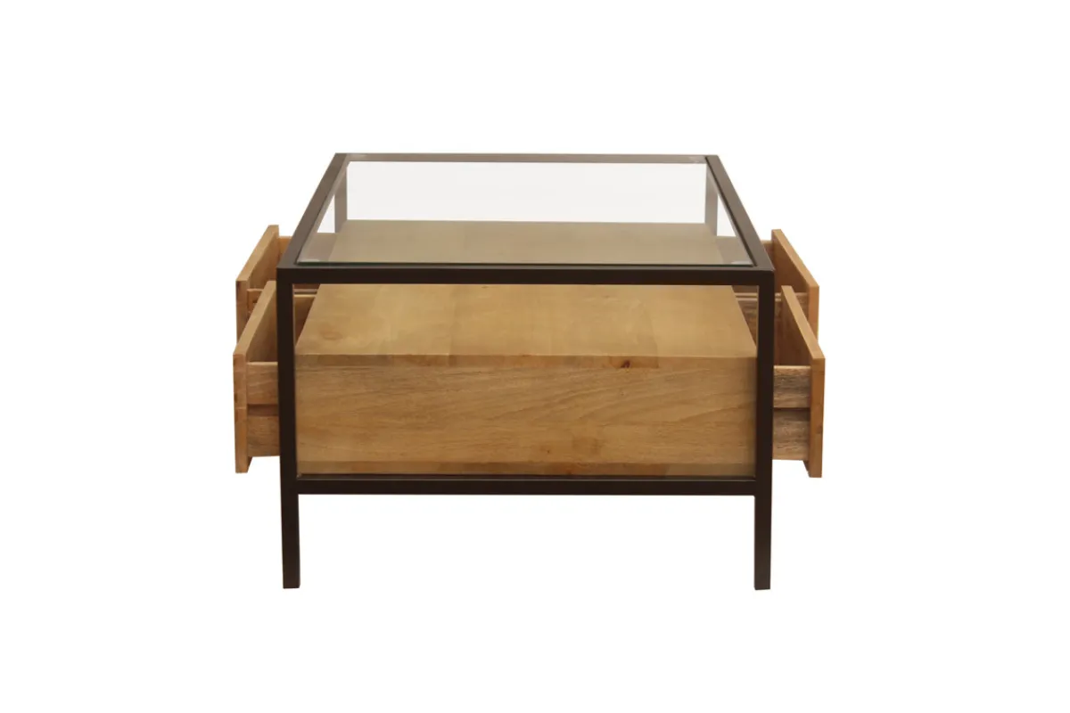 Miliboo Rechteckiger Couchtisch mit Stauraum aus massivem Mangoholz, Glas und schwarzem Metall B100 cm SITA* Couchtische