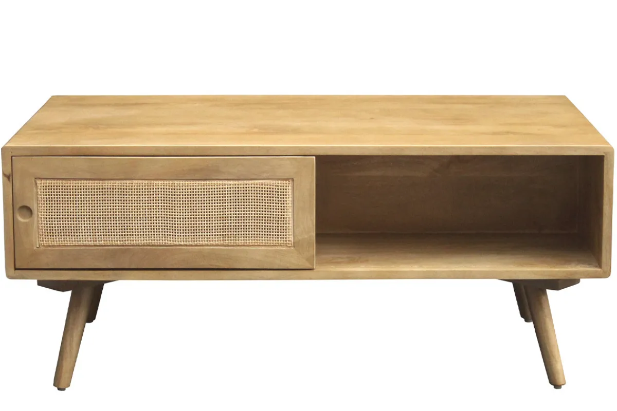 Miliboo Rechteckiger Couchtisch mit Stauraum aus massivem Mangoholz und Rattangeflecht B100 cm ACANGE* Couchtische
