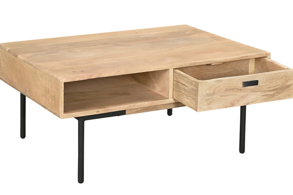 Miliboo Rechteckiger Couchtisch mit Stauraum 2 Schubladen aus hellem, massiven Mangoholz und schwarzem Metall B 100cm JUDE* Couchtische