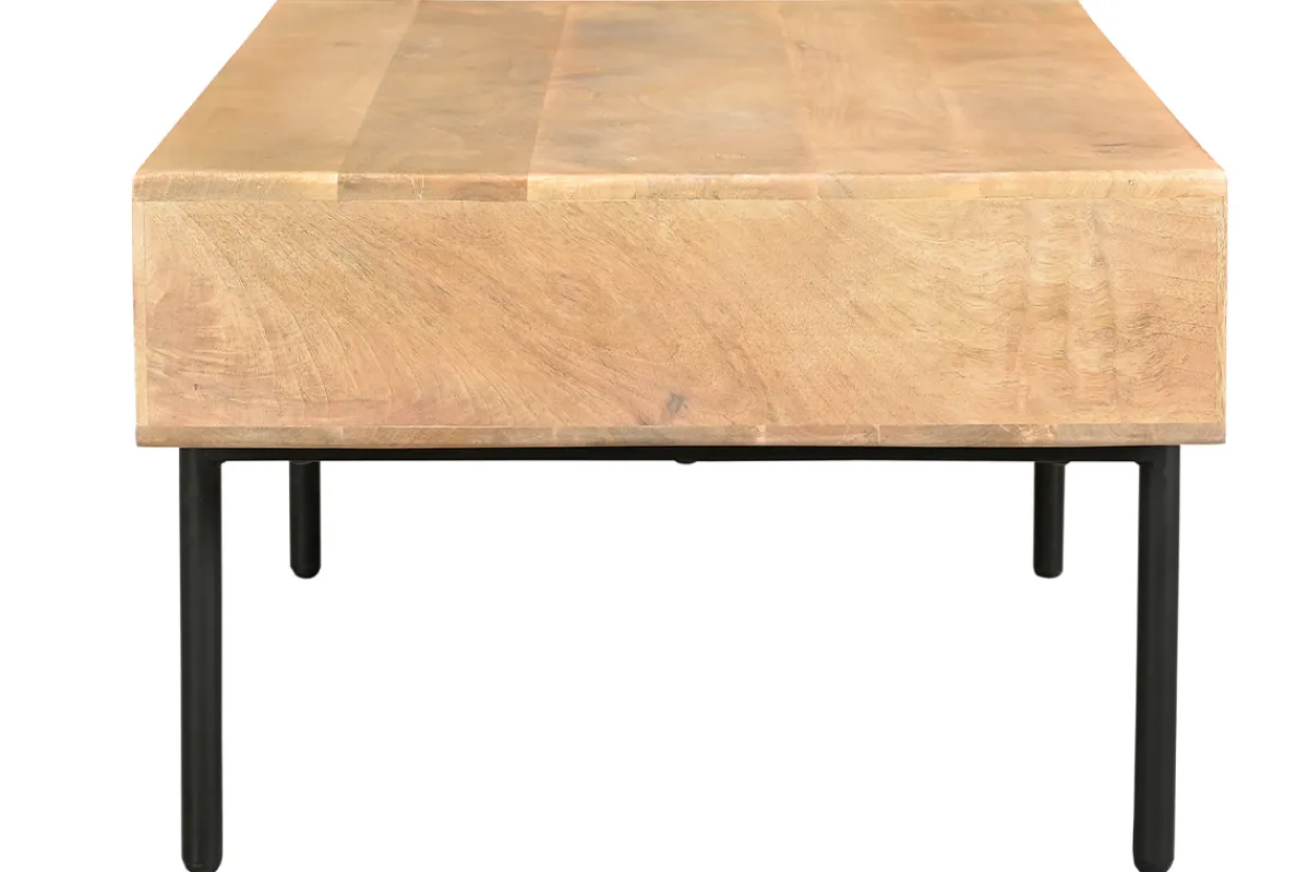Miliboo Rechteckiger Couchtisch mit Stauraum 2 Schubladen aus hellem, massiven Mangoholz und schwarzem Metall B 100cm JUDE* Couchtische
