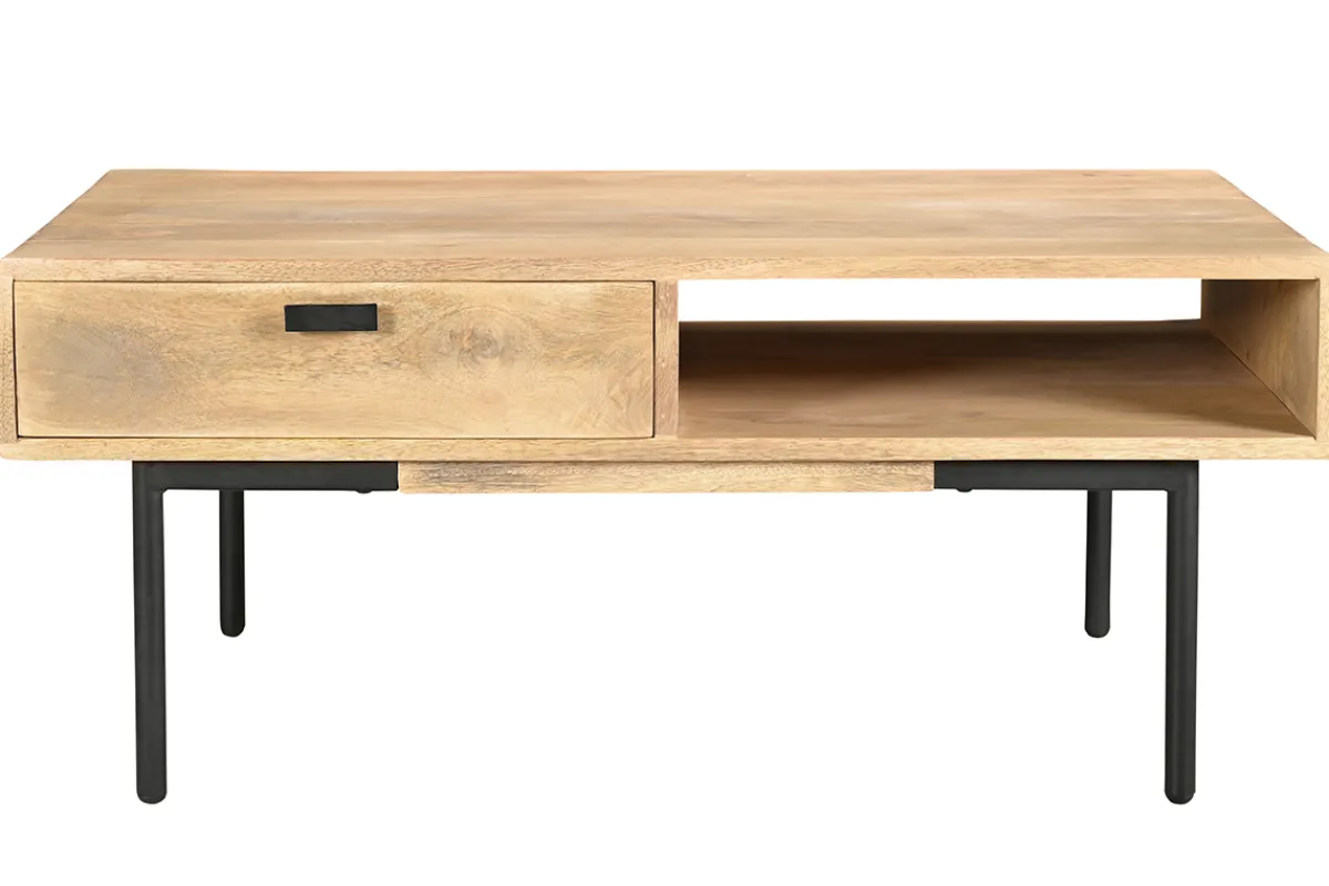 Miliboo Rechteckiger Couchtisch mit Stauraum 2 Schubladen aus hellem, massiven Mangoholz und schwarzem Metall B 100cm JUDE* Couchtische