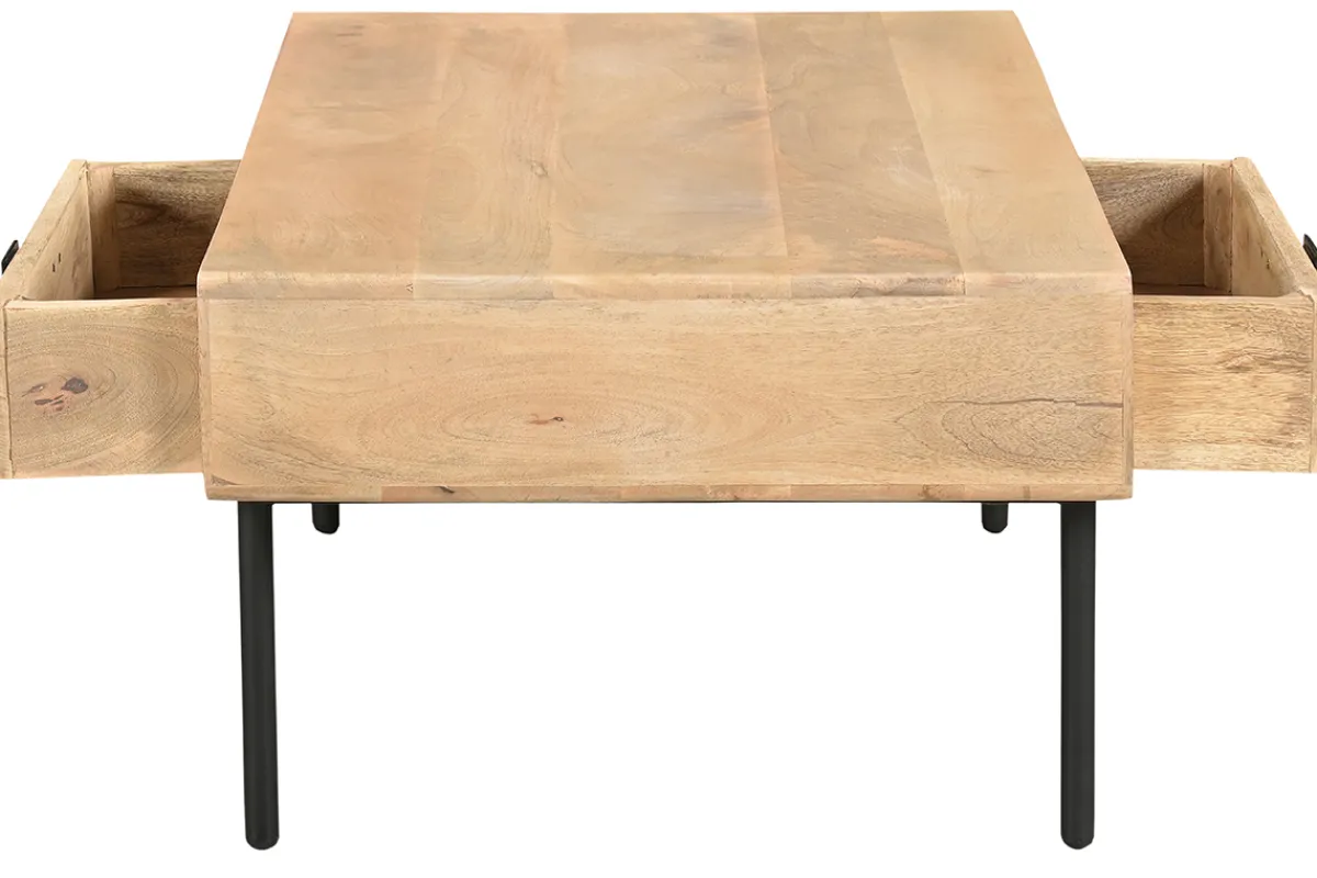 Miliboo Rechteckiger Couchtisch mit Stauraum 2 Schubladen aus hellem, massiven Mangoholz und schwarzem Metall B 100cm JUDE* Couchtische