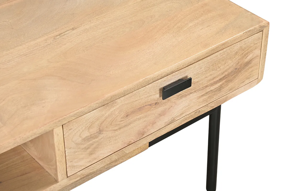 Miliboo Rechteckiger Couchtisch mit Stauraum 2 Schubladen aus hellem, massiven Mangoholz und schwarzem Metall B 100cm JUDE* Couchtische