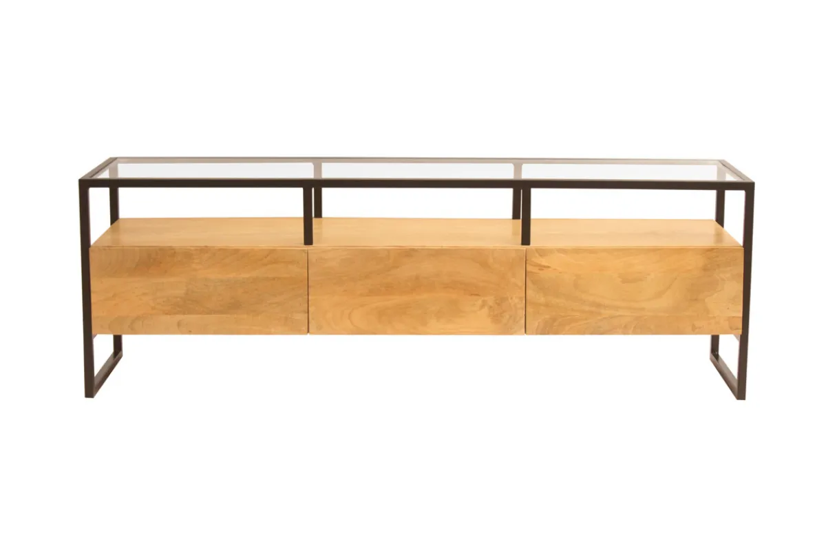 Miliboo Rechteckiges TV-Möbel mit Ablagefächern aus massivem Mangoholz, Glas und schwarzem Metall B150 cm DIYA* Tv-lowboards