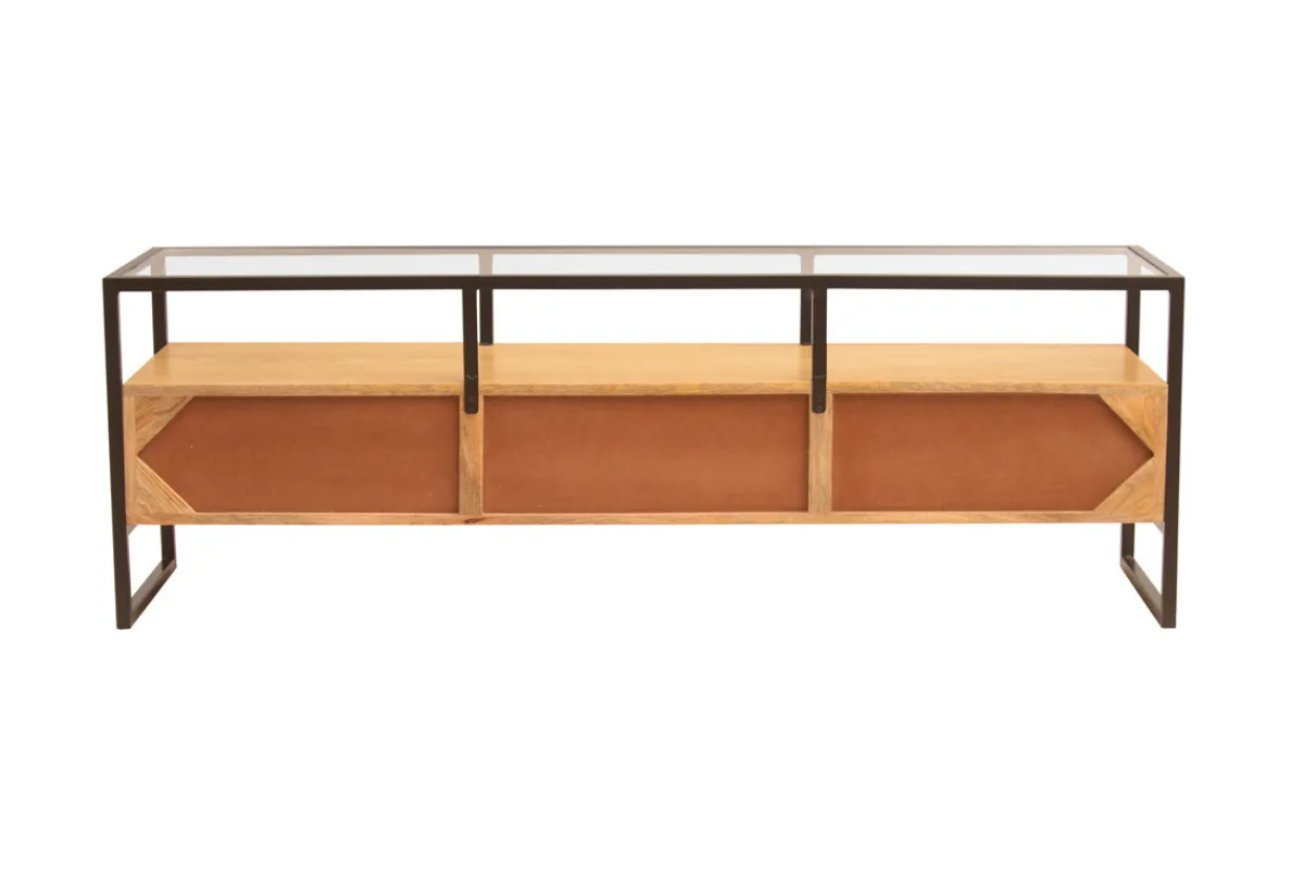 Miliboo Rechteckiges TV-Möbel mit Ablagefächern aus massivem Mangoholz, Glas und schwarzem Metall B150 cm DIYA* Tv-lowboards
