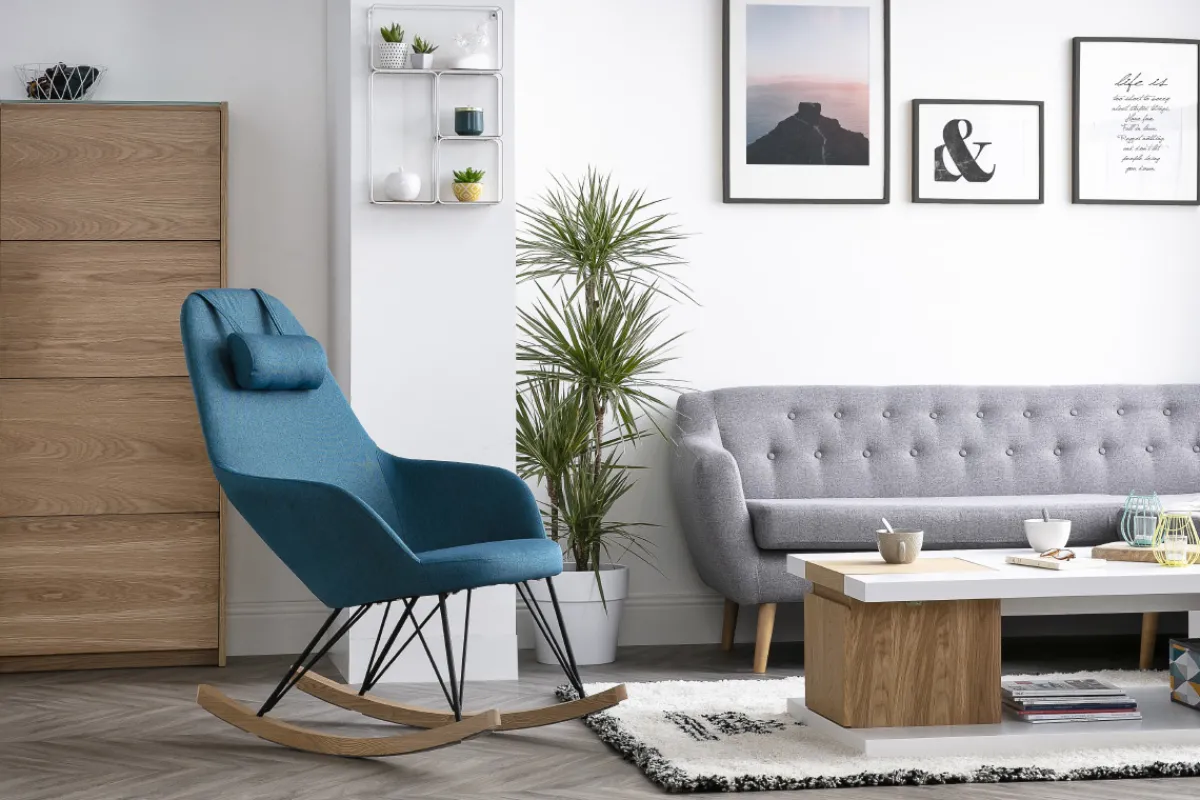 Miliboo Relax-Sessel - Schaukelstuhl Stoff Petrolblau Füße Metall und Esche JHENE* Design-sessel|Schaukelstühle