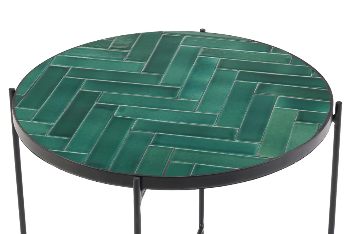 Miliboo Runder Couchtisch aus dunkelgrüner Keramik und schwarzem Metall D50 cm KOTTA* Couchtische