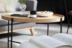 Miliboo Runder Couchtisch aus hellem Holz und schwarzem Metall D90 cm BASSY* Couchtische