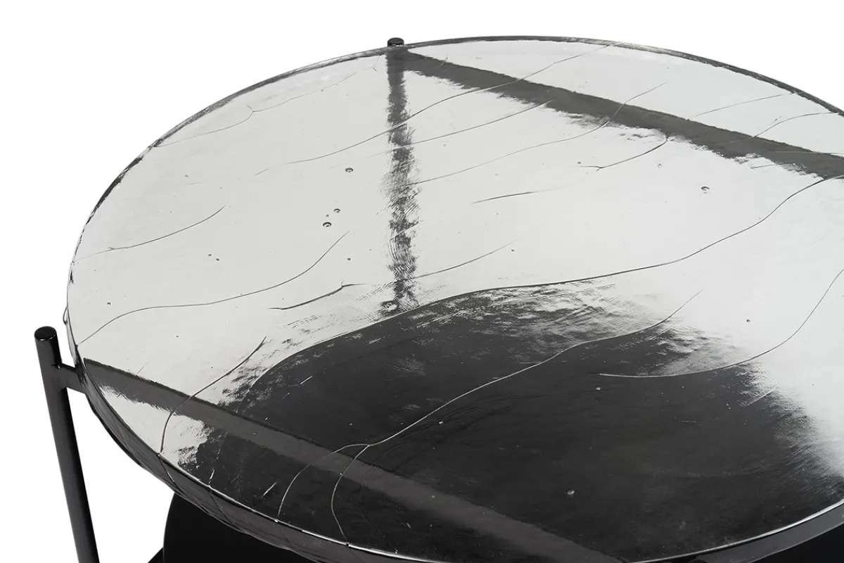 Miliboo Runder Couchtisch mit zwei Tischplatten aus recyceltem Glas und schwarzem Metall D85 cm WELLE* Couchtische