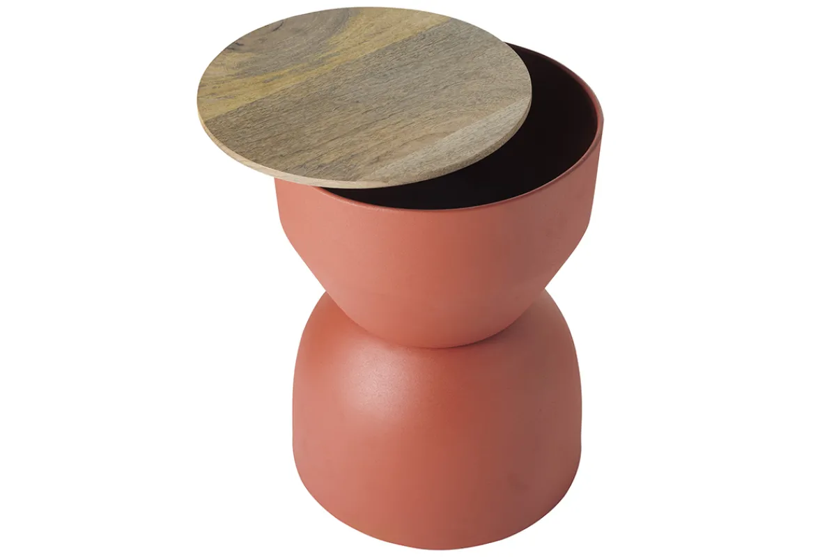Miliboo Runder Design-Beistelltisch mit Ablage aus rotbraunem Metall und massivem Mangoholz D30 cm YOYO* Beistelltische