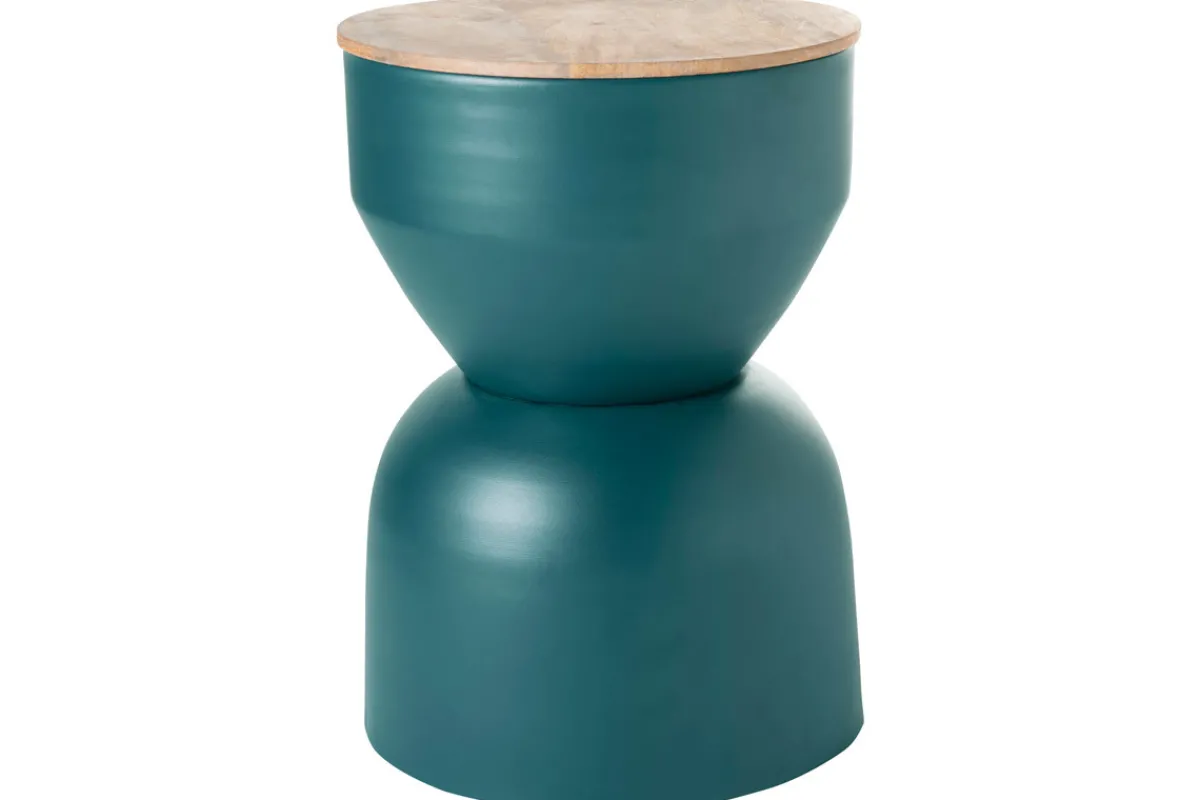 Miliboo Runder Design-Beistelltisch mit Ablage aus entenblauem Metall und massivem Mangoholz D30 cm YOYO* Beistelltische