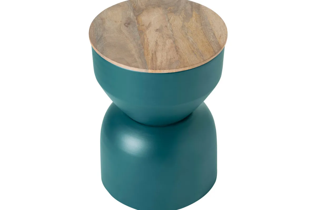 Miliboo Runder Design-Beistelltisch mit Ablage aus entenblauem Metall und massivem Mangoholz D30 cm YOYO* Beistelltische