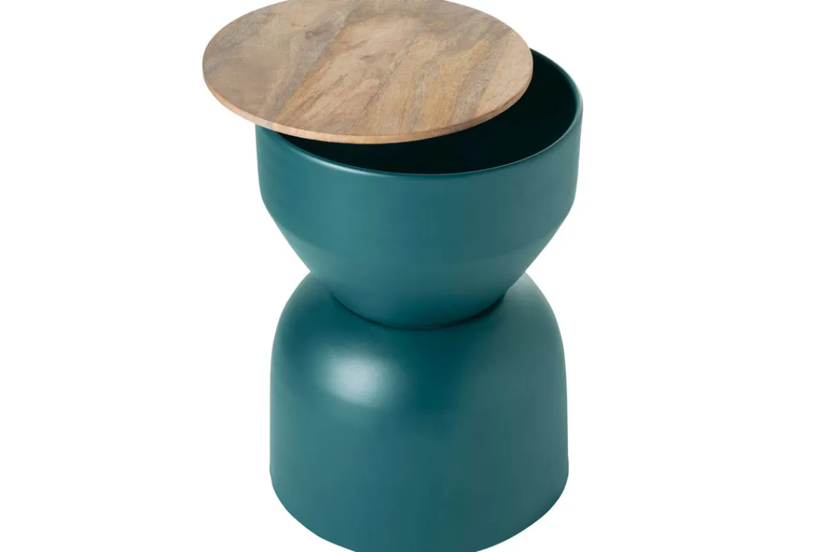 Miliboo Runder Design-Beistelltisch mit Ablage aus entenblauem Metall und massivem Mangoholz D30 cm YOYO* Beistelltische