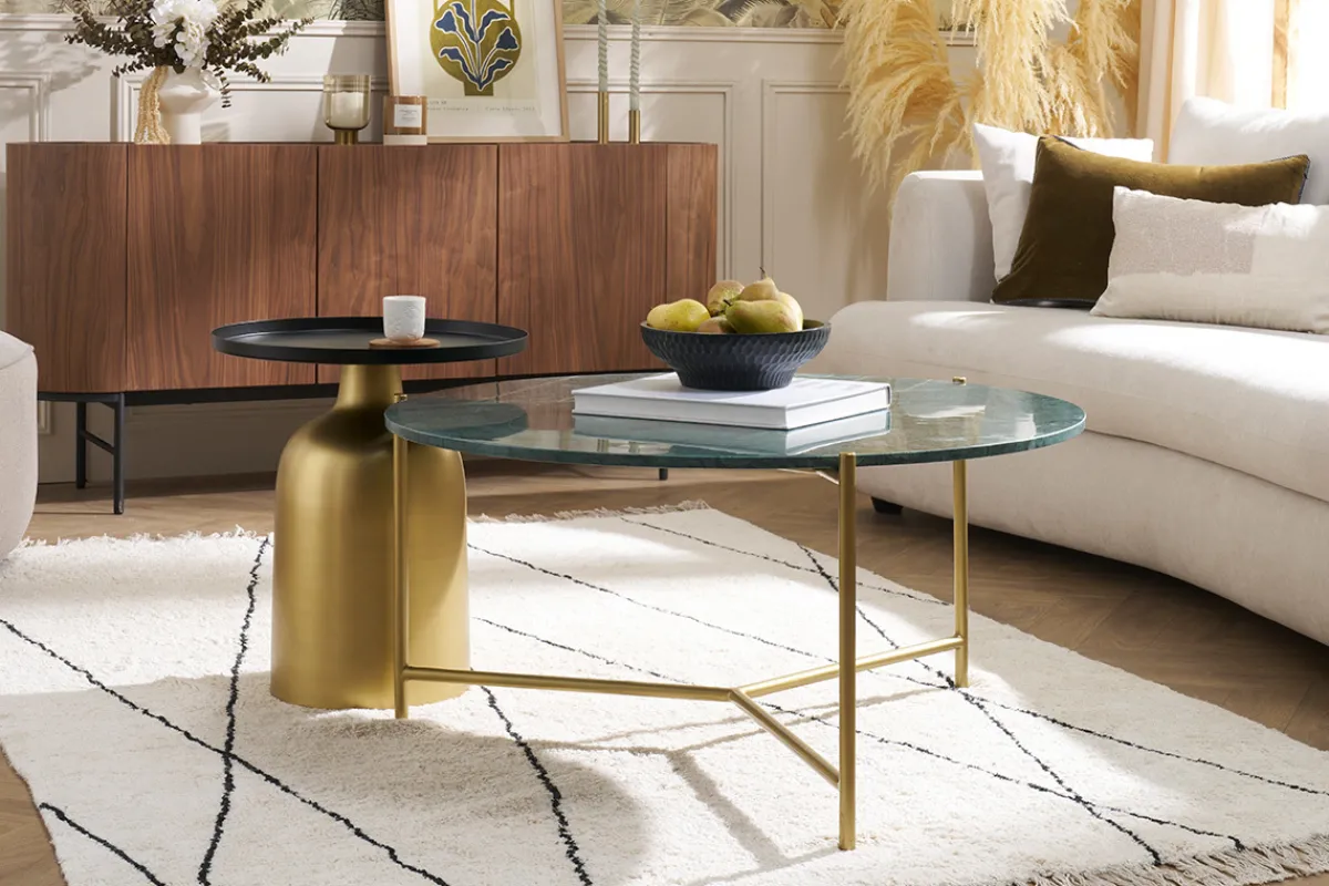 Miliboo Runder Design-Couchtisch aus grünem Marmor und Messing D 90 cm SILLON* Couchtische