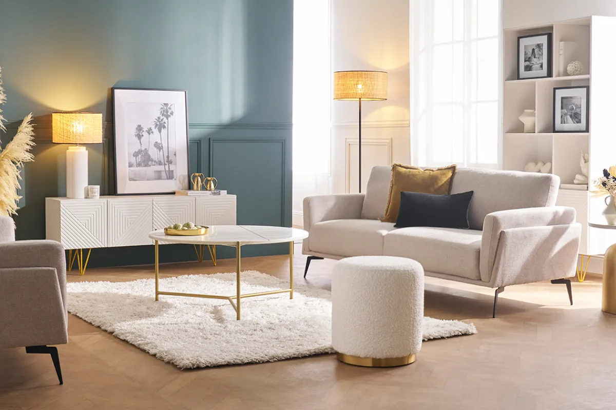 Miliboo Runder Pouf aus weißem Wollbouclé-Effektstoff und goldenem Metall D40 cm AMAYA* Sitzsäcke|Sitzsäcke