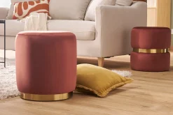Miliboo Runder Samt-Pouf in Ziegelrot und goldenem Metall D40 cm AMAYA* Sitzsäcke|Sitzsäcke