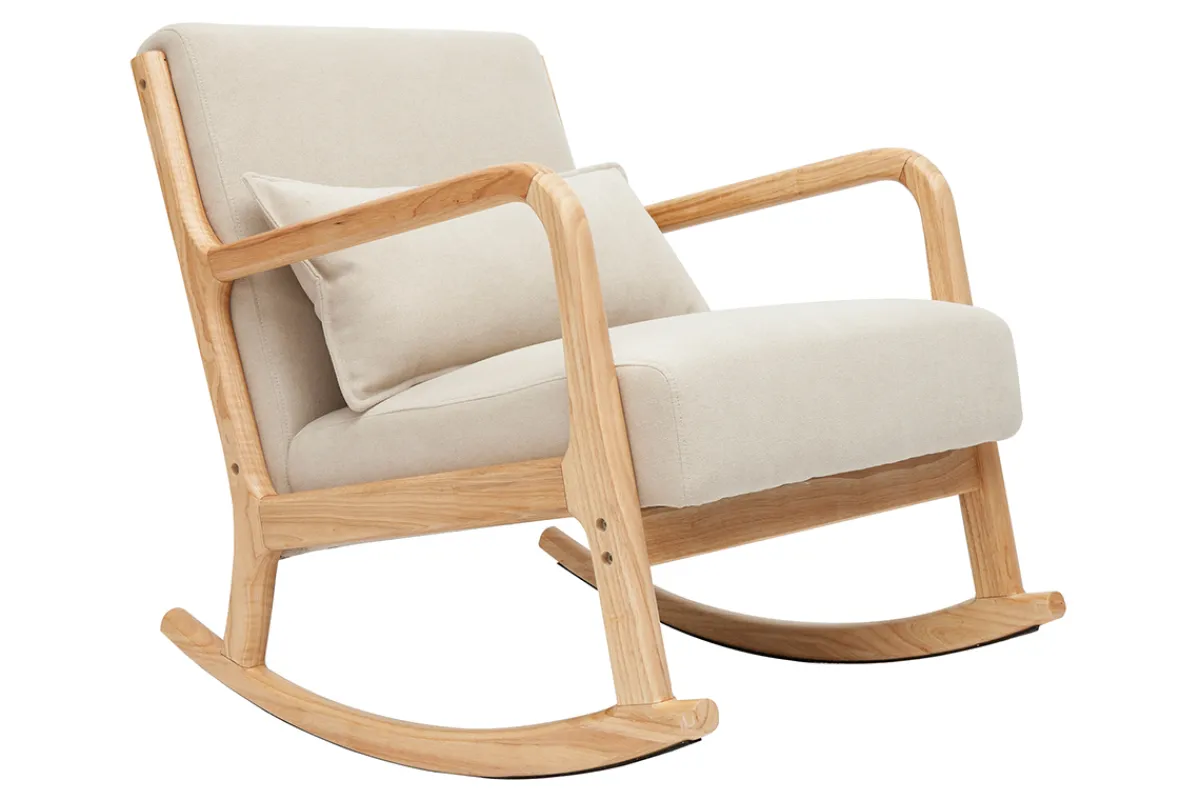 Miliboo Schaukelstuhl skandinavisch aus hellem Holz und beigem Stoff mit Samteffekt DERRY* Design-sessel|Schaukelstühle