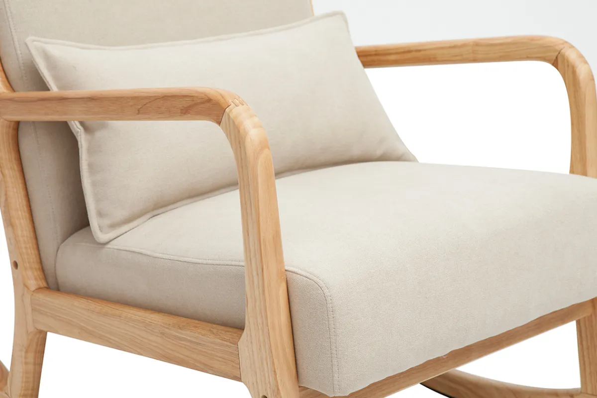 Miliboo Schaukelstuhl skandinavisch aus hellem Holz und beigem Stoff mit Samteffekt DERRY* Design-sessel|Schaukelstühle