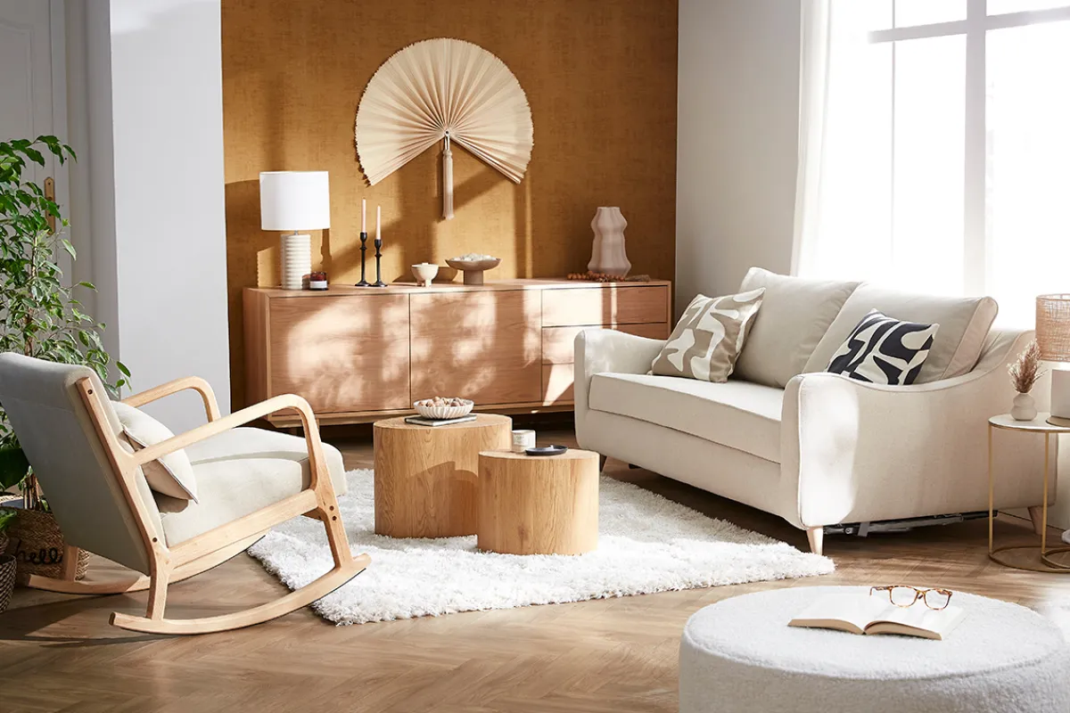 Miliboo Schaukelstuhl skandinavisch aus hellem Holz und beigem Stoff mit Samteffekt DERRY* Design-sessel|Schaukelstühle