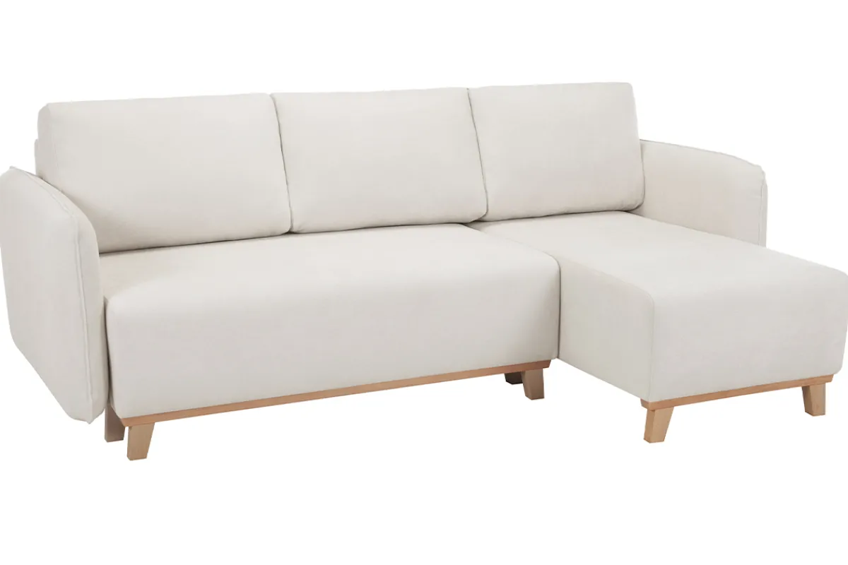 Miliboo Schlaf-Ecksofa modulierbar beiger Stoff mit Velours-Effekt und helles Holz 3-4 Sitzer ROMANE* Schlafsofas|Ecksofas