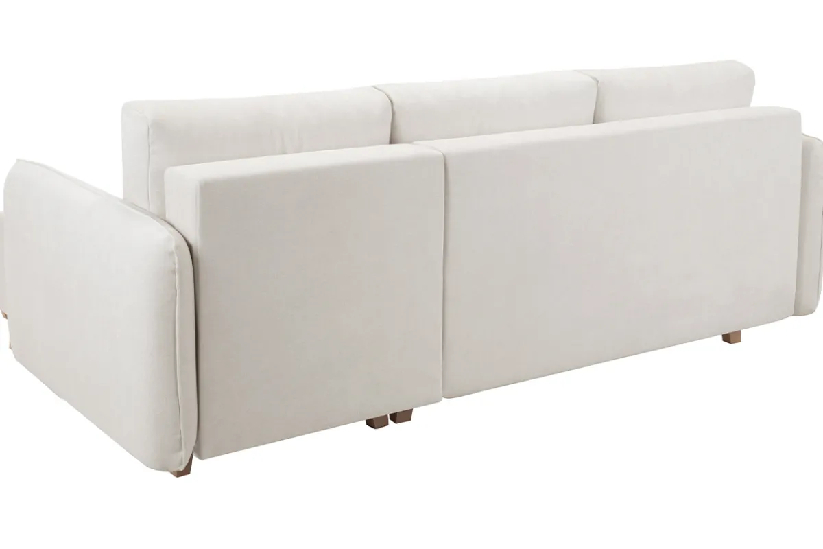 Miliboo Schlaf-Ecksofa modulierbar beiger Stoff mit Velours-Effekt und helles Holz 3-4 Sitzer ROMANE* Schlafsofas|Ecksofas